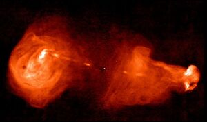 Radio emission of the galaxy 3C353, imaged by the VLA. Courtesy of NRAO/AUI, Mark R. Swain, Alan H. Bridle, and Stefi A. Baum.
