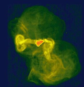 Radio image of the galaxy M87 [6]. Courtesy of NRAO/AUI and F.N. Owen, J.A. Eilek, and N.E. Kassim.