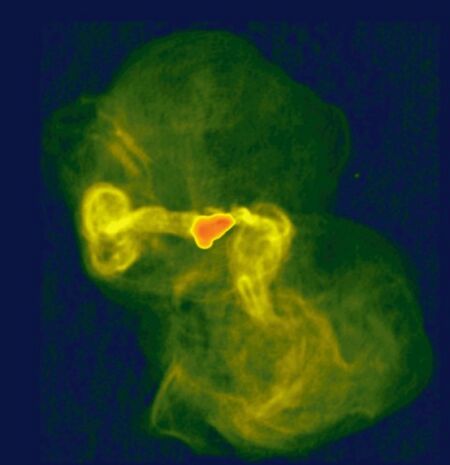 Radio emission of the galaxy M87, imaged by the Very Large Array.