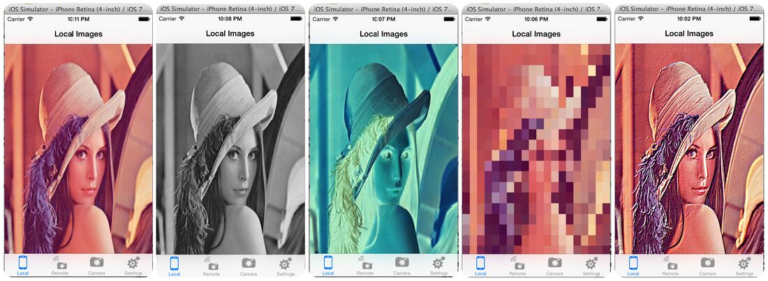 1) Original image of Lenna 2) Grayscale filtered version 3) Color inverted version 4) Pixelated version 5) Embossed version