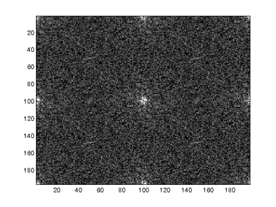 FFT of image with tampered region. The tampering removes regular periodic frequencies introduced by CFA interpolation. The FFT has been upsampled and gamma corrected for visibility.